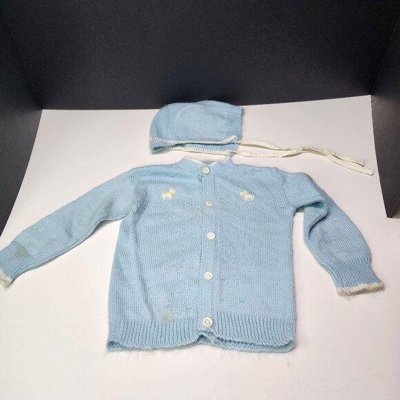 Vintage Blue Bird Baby Infant Knitted Button Cardigan Boys Girls with Cap - Picture 1 of 10